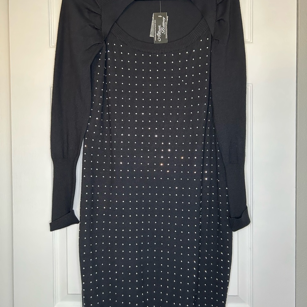 Allison Brittney Black Embellished Sheath Dress with Bishop Sleeves